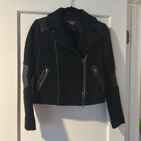 Vince For Bergorf Goodman Black Leather Trim Wool Tweed Moto Jacket Size XS - Picture 4 of 13